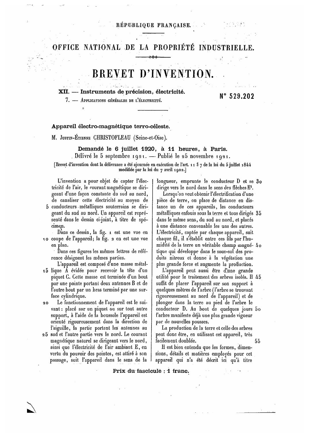 Page du brevet n°529.202 de Justin-Étienne Christofleau